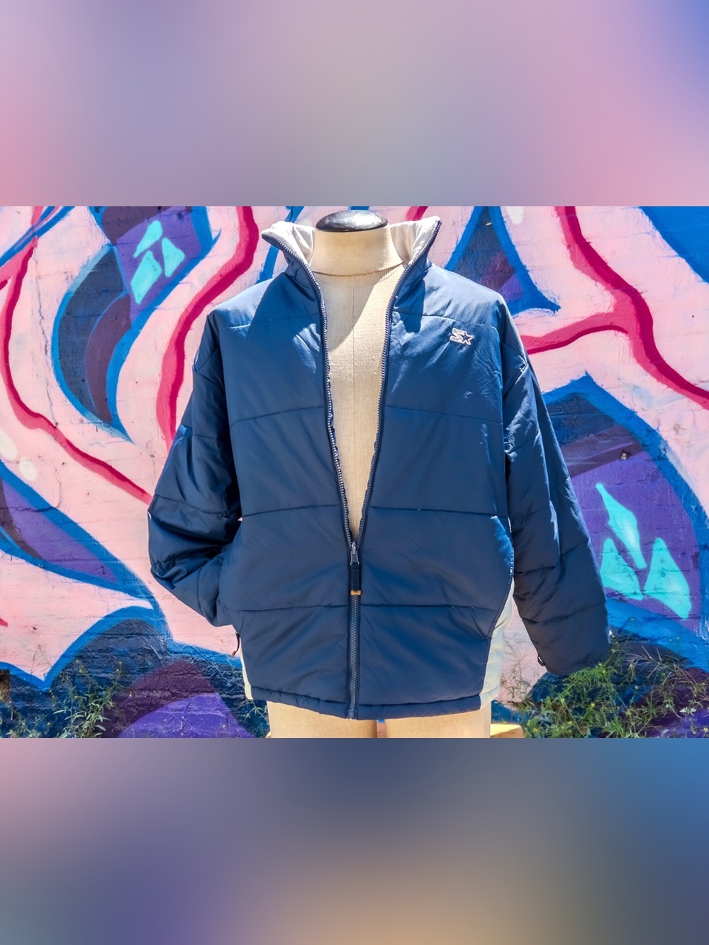 STARTER Vintage Puffer Jacket size Large | Navy Blue and White